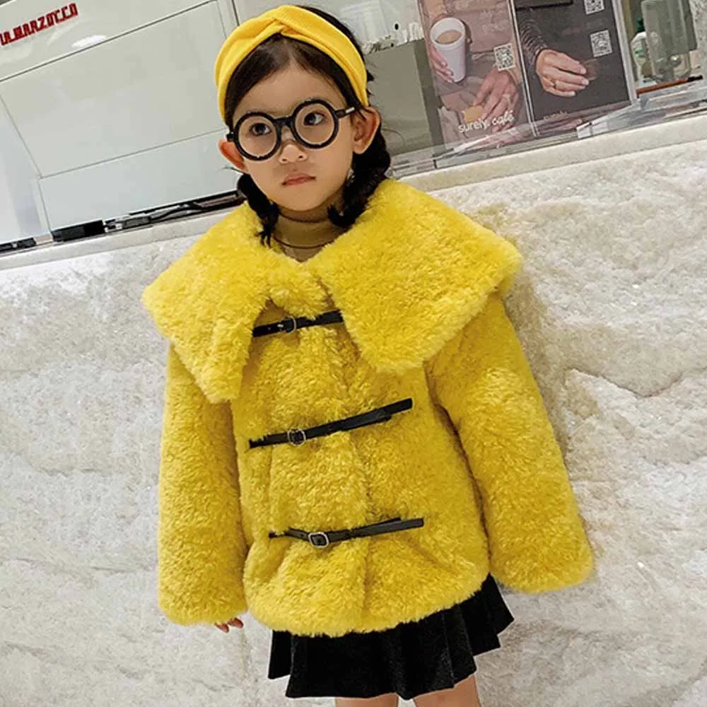 

ANSFX Mother Daughter Faux Lamb Fur Big Lapel Navy Collar Belt Button Long Curly Hairy Shaggy Outwear Jacket Coat Tops 4 Colors