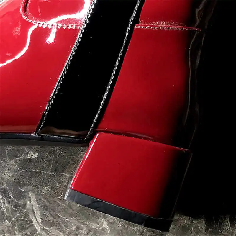 Odetina Women Fashion Pointed Toe Mixed Colors Knee High Boots Lady Patent Leather Side Zipper Block Mid Heel Winter Long Boots