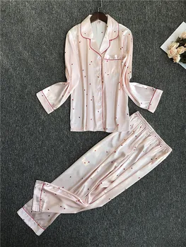 

Woman Spring/Autumn Korean Version Pajamas Plus-Size Thin Lovely Homewear Long Sleeve Ice Silk Sleepwear Casual Sleep Set 2PCS
