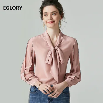 

2020 Spring Summer Fashion Pink Blouse High Quality Brand Women Wave Embroidery Sleeve Bow Tie Elegant Silk Shirt Blusa Feminino