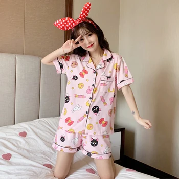 

Cartoon Print Sleepwear Set Women Summer Plaid Lapel Pajama Short Sleeve Shorts Cardigan Homewear Kawaii Soft Korean Pijama S079