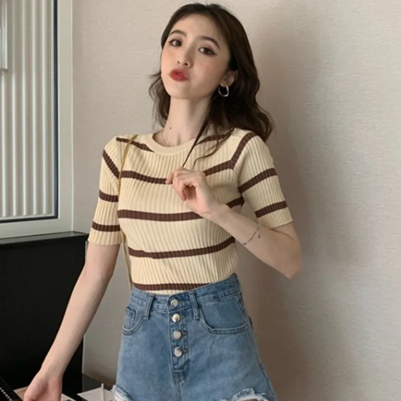 

Sexy Backless Striped T-shirt Women Casual O Neck Knitted Tops Female Summer Slim T Shirts Clothing