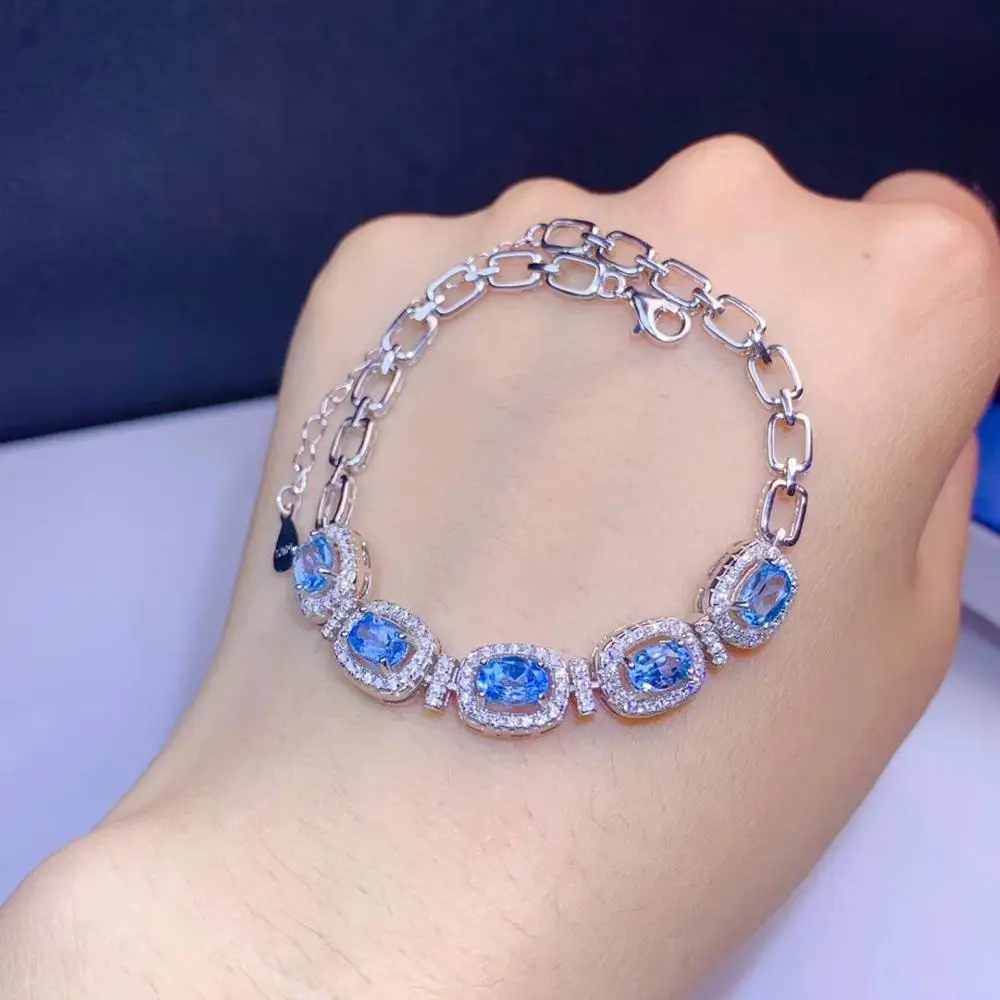 

Fashion round T Letter Natural blue topaz Bracelet Natural gemstone Bracelet 925 silver bracelet girl party jewelry