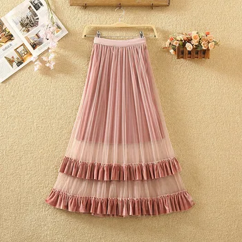 

version high waist thin mesh splicing auricle edge golden velvet skirt a word medium length skirt yarn skirt female