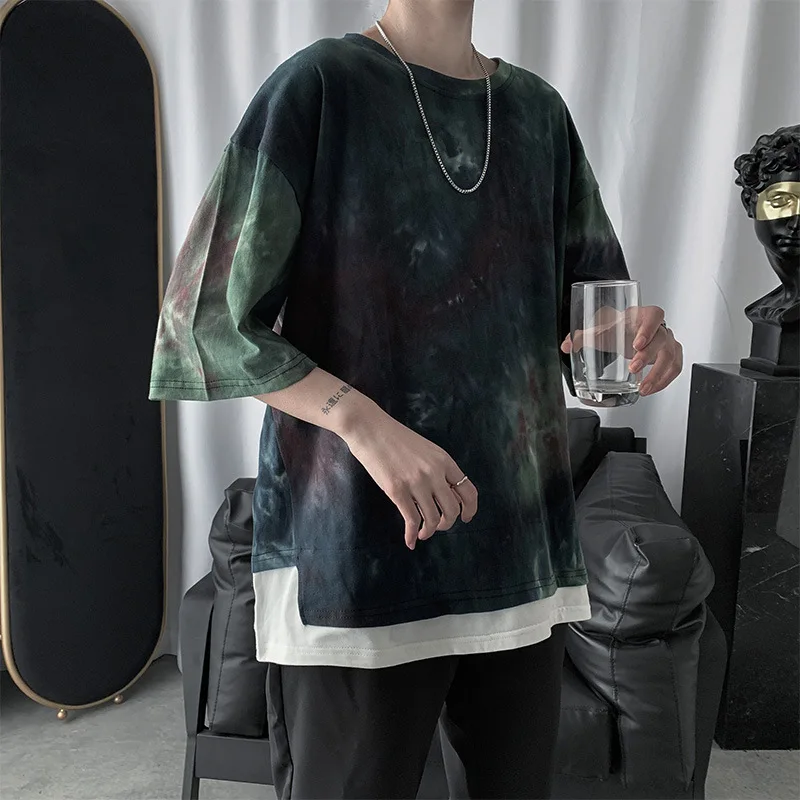 

T Shirts Men Popular Brand Fake Two-Piece T Shirt Mens Fashion Loose BF Harajuku Plus Size T-shirt Streetwear Tie-dye Tops Chic