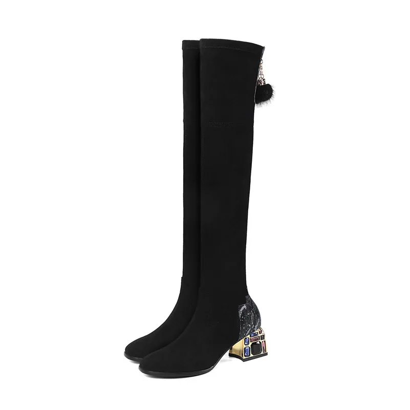 Meotina/зимние облегающие высокие сапоги женские ботфорты из натуральной кожи на высоком блочном каблуке тонкая обувь с гибкой подошвой, украшенная стразами, размеры 34-39 - Цвет: As picture