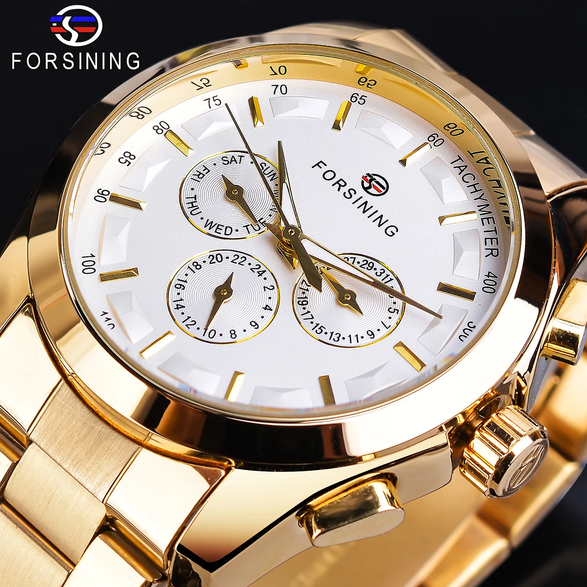 

Forsining Mens Mechanical Business Watch Automatic Golden White 3 Sub Dial Date Display Steel Band Gentleman Relojes Para Hombre