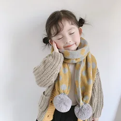 Kids Girls Knit Scarf with POM PON Winter Vintage Dots Baby Boys Neck Warm Spring Autumn Trendy Toddler Children Scarves