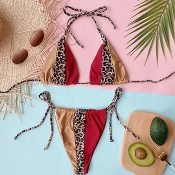 

Thong Bikini Set Halter Patchwork Sexy Bikini 2020 Leopard Bathing Suit Women String Swimwear Women Swimming Suit for Women