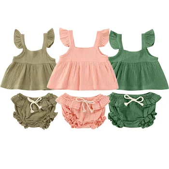 

2Pcs Newest Summer Baby Clothing Toddler Infant Kids Baby Girls Outfits Suit Solid Cotton Linen Fly Sleeve Tops+Shorts Clothes