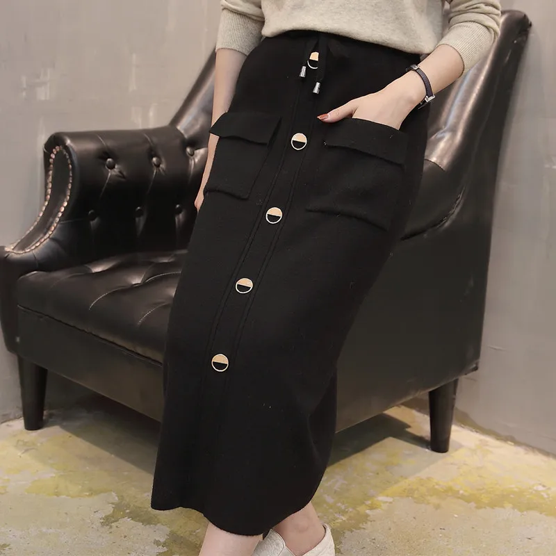 Вязаная юбка в Корейском стиле, повседневная женская юбка до щиколотки на пуговицах, один размер, черный, бежевый цвет, новая мода, осень и зима, Jupe - Цвет: Черный