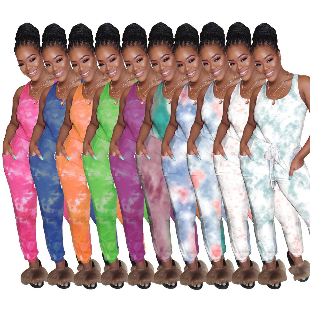 

2020 New Jumpsuit European and American Casual Women's Rompers Sleeveless Backless Vest Gradient Printing Jumpsuit