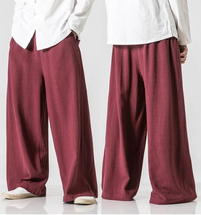 0638 летние тонкие хлопковые льняные Мужские штаны серые Красные бежевые японские уличные брюки-кимоно мужские прямые широкие свободные джоггеры