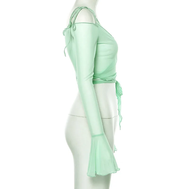 ArtSu осенний сетчатый топ с открытыми плечами Топы для женщин с длинным рукавом Прозрачный обрезная футболка зеленые футболки Femme ASTS21160