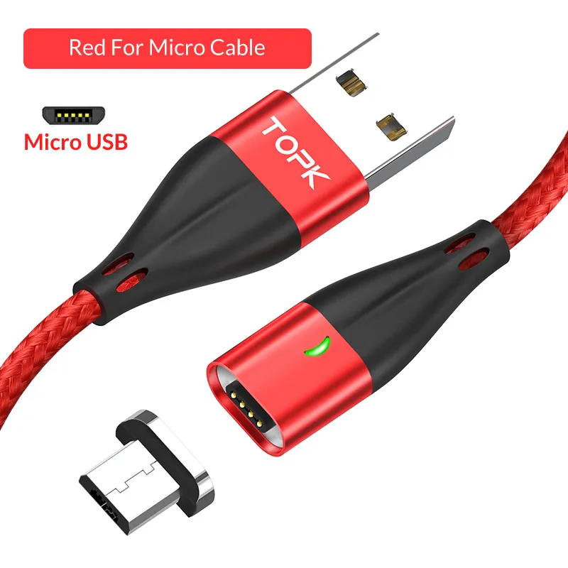 Магнитный Micro USB кабель 3A Быстрая зарядка с светодиодный для samsung S9 S7edge магнитное зарядное устройство провод Зарядка для IPhone X Xs huawei кабель - Цвет: Red Micro Cable