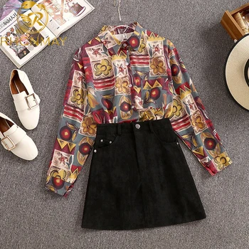 

Spring 2020 New Vintage Korean style Loose-Fit Long Sleeve print Shirt Women's Fashion + A Line Shirt 2 pcs set
