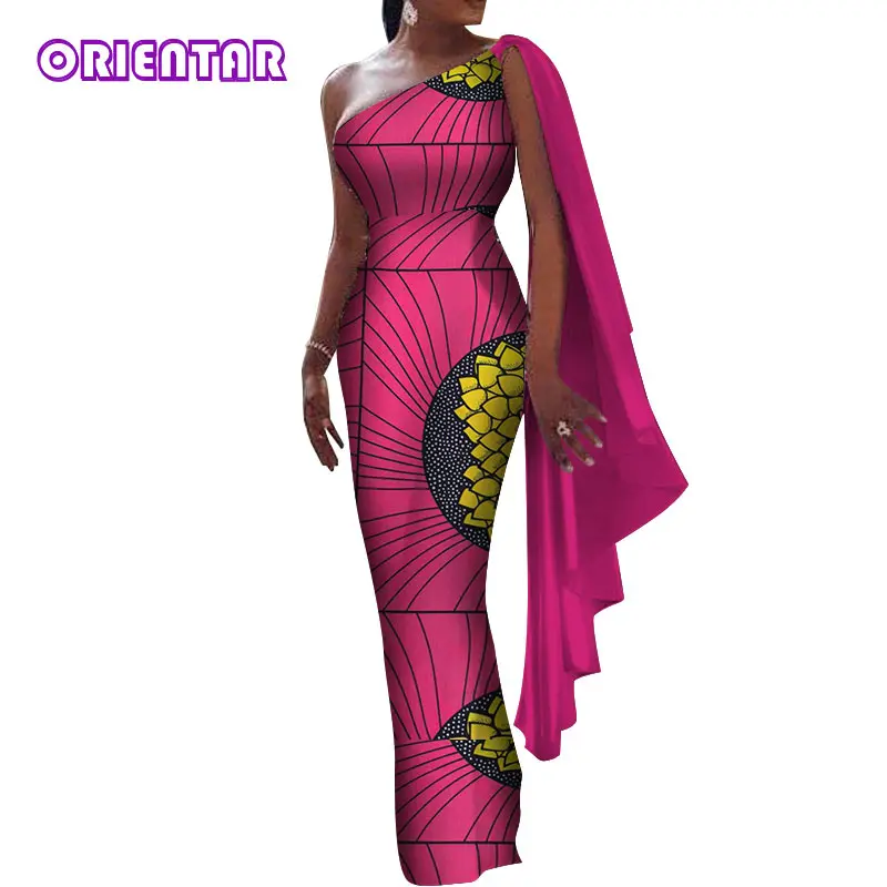 Африканские платья для женщин базин африканец принт хлопок длинное платье макси одно плечо с шалью женские вечерние платья в африканском стиле WY4966