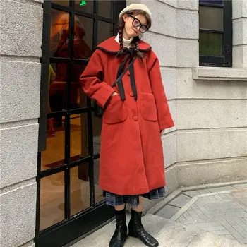 

Alien Kitty Winter Red Warm Soft Female Peter Pan Collar Lace-Up Coats Chic Sweet Women Comfortable Woolen Cotton Long Coat