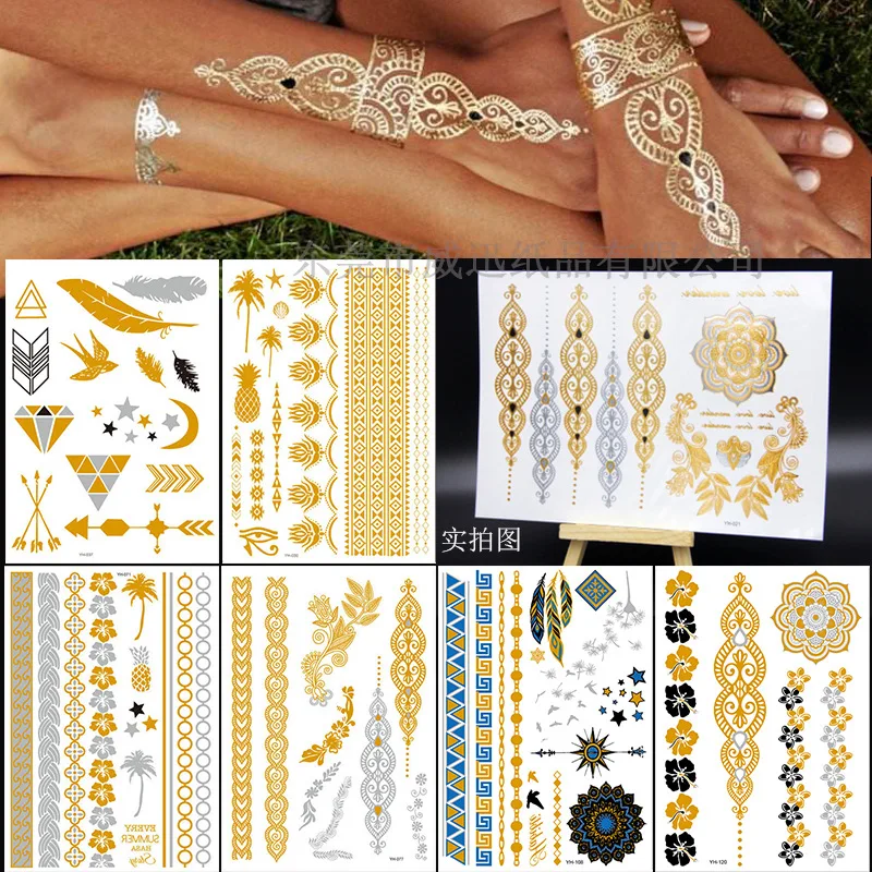

1 Sheet 148*210mm Waterproof Bronzing Tattoo Stickers Golden Fashion Disposable Tattoo Stickers Men and Women Decorative Decals