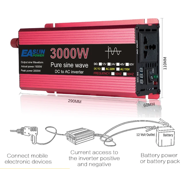 Inversor 12V 220V 3000W 2200W 1600W 1000W Inversor de Onda sinusoidal Pura  DC 12/24v a AC 110/220V Transformador de Voltaje Convertidor de Potencia  (Color : 1000W, Size : 24V_110V 60HZ) : 