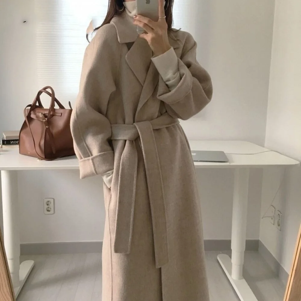 long duvet coat Women Elegant Long Wool Coat With Belt Solid Color Long Sleeve Chic Outerwear Ladies Overcoat Autumn Winter 2020 maxi puffer coat