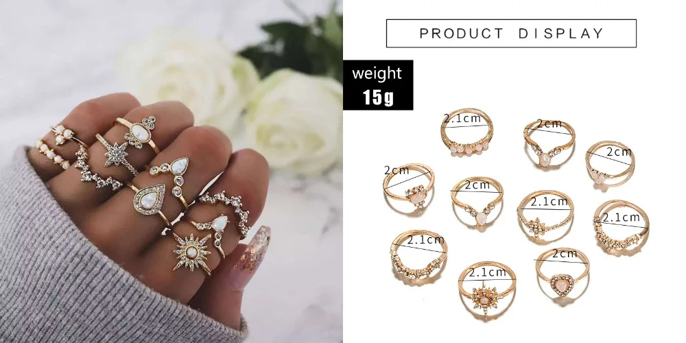 HuaTang Boho Rhinestone Rings for Women Gold Color Heart Carving Wave Crystal Knukle Wedding Rings Set Jewellery Anillos