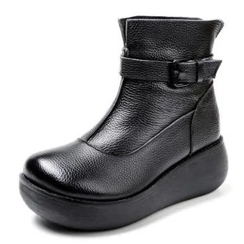

Thick Bottom Increase Wedges High Heeled Boots First Layer of Cowhide Leather Shoes Female Autumn Winter Boots Warm Snow Boots
