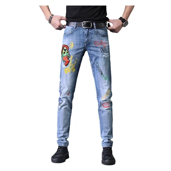 

Sokotoo Men's streetwear embroidery printed jeans Fashion slim fit stretch denim pants