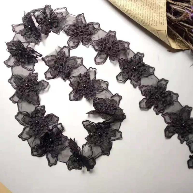 

1 yards Black 8cm Pearl Flower Embroidered Lace Edge Trim Ribbon Floral Applique Fabric Patches DIY Wedding Dress Sewing Craft