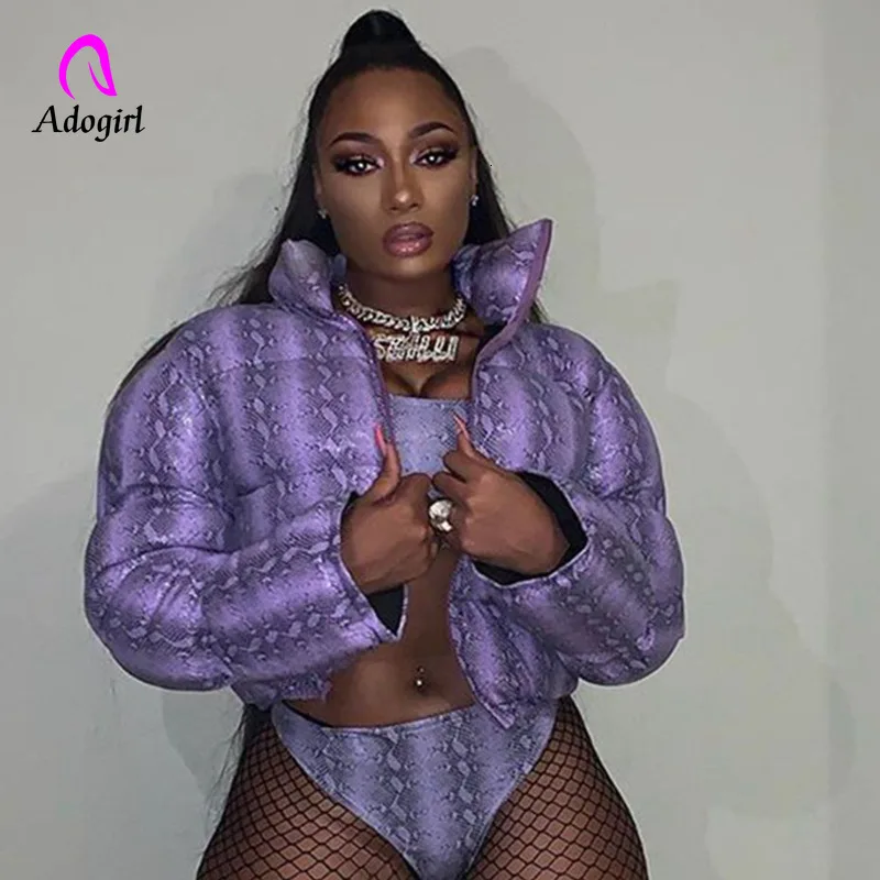 

2019 Snakeskin Print Winter Jacket Women Festival Warm Parka Down Bubble Coat Tops Warm Thick Parka Outerwear Crop Puffer Jacket