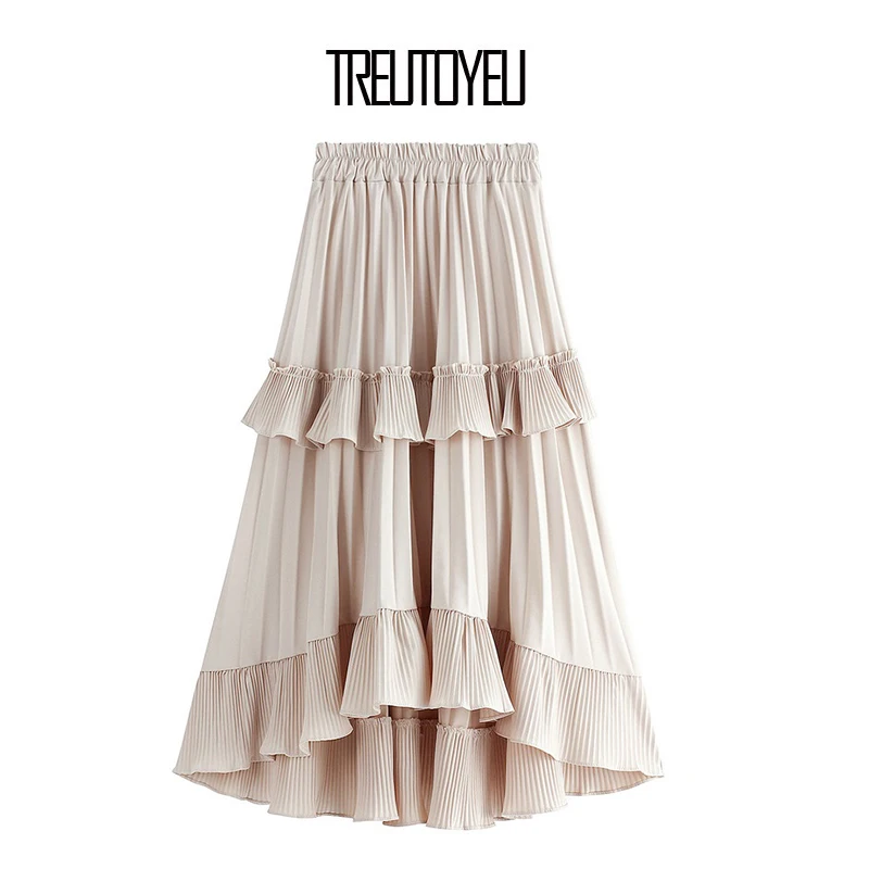 

2020 Autumn New High-low Style Maxi Long Ladies Skirt Solid Colors Elastic Waist A Line Pleated Skirts Ruffles