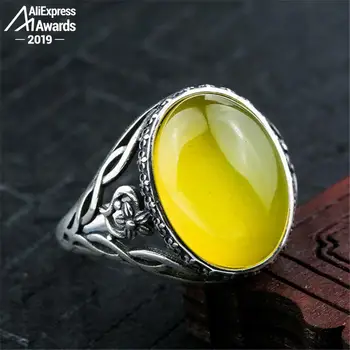 

12*16mm 6.18 Sale S925 Sterling Silver Ukraine Amber Rings Exaggerated Rings health rich lithuania Retro Chalcedony