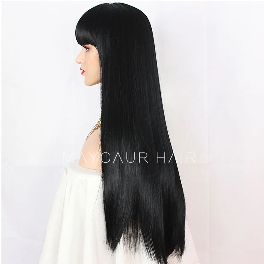 Long Straight None Lace Front Wig for Women Synthetic Black Hair Wigs with Full Bangs Glueless Heat Resistant Fiber Hair-Maycaur (5)
