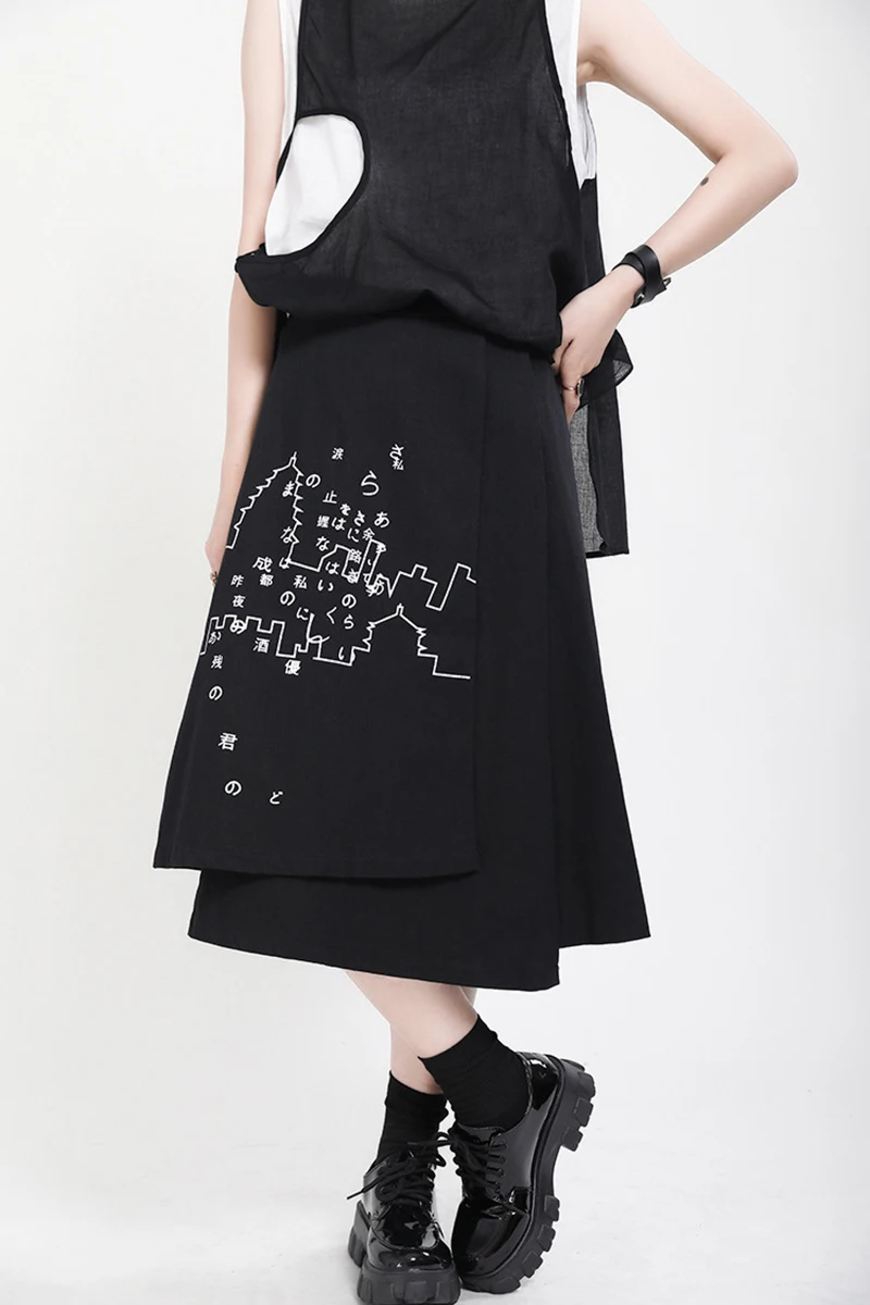 [EAM] High Elastic Waist Black Pattern Printed Irregular Half-body Skirt Women Fashion Tide New Spring Autumn 2020 1X349