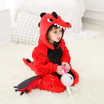 

New autumn and winter leeches flannel home service children red dinosaur conjoined pajamas cute cartoon animal show