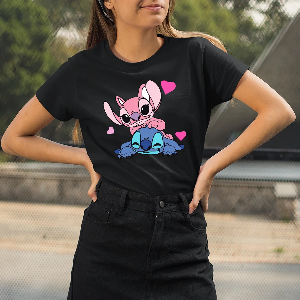 Lilo & Stitch Cartoon Pattern T-shirts Female Kawaii Harajuku Outdoor Fashion Dropship Diseny O-Neck Women T Shirts Black White tee shirts