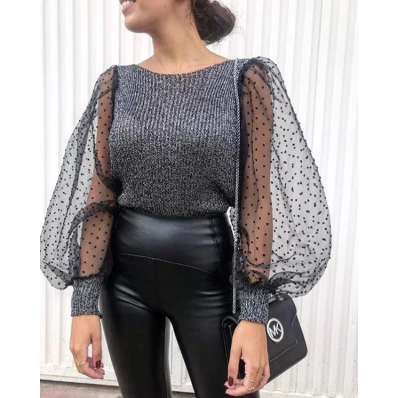 

Women's Knitwear Fashion Polka Dot Mesh Splicing Lantern Sleeve Long Sleeve Knit Tops