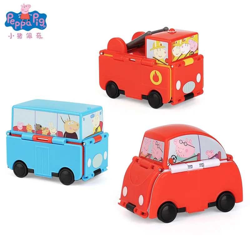 

Original Peppa Pig Deformation Fire Truck Police Car School Bus Toy Peppa George Soft Head Action Figures Toys Children Gift