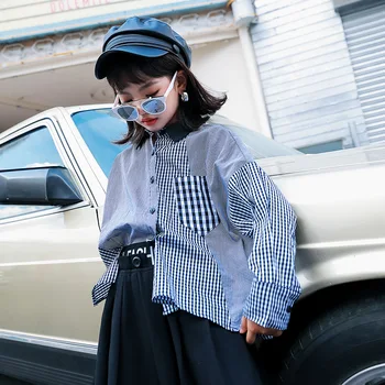 

2020 autumn new irregular Korean style children's clothing trendy plaid stitching long-sleeved shirt