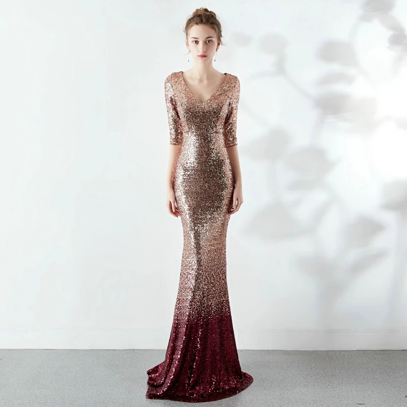 Robe De Soiree элегантные вечерние платья с пайетками YIDINGZS с коротким рукавом длинное вечернее платье YD16116 - Цвет: Золотой