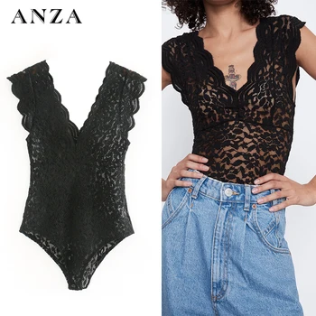 

Za Women T-shirt with Deep V-neck Lace Print Sleeveless Bodysuit Sexy Party Sheath Cool Black Tee Top