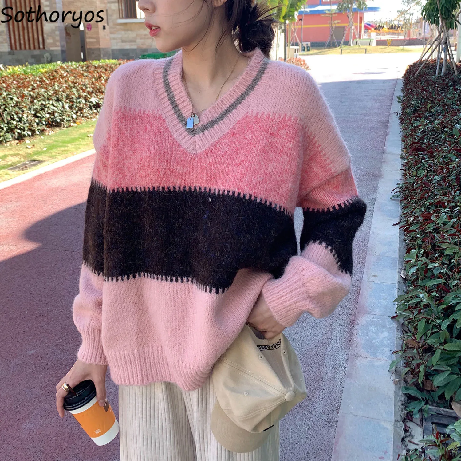 

V-neck Fashion Striped Sweaters Women Loose Tender Plush Flocking Vintage Winter Thicken Warm Knitted Pullovers All Match Design