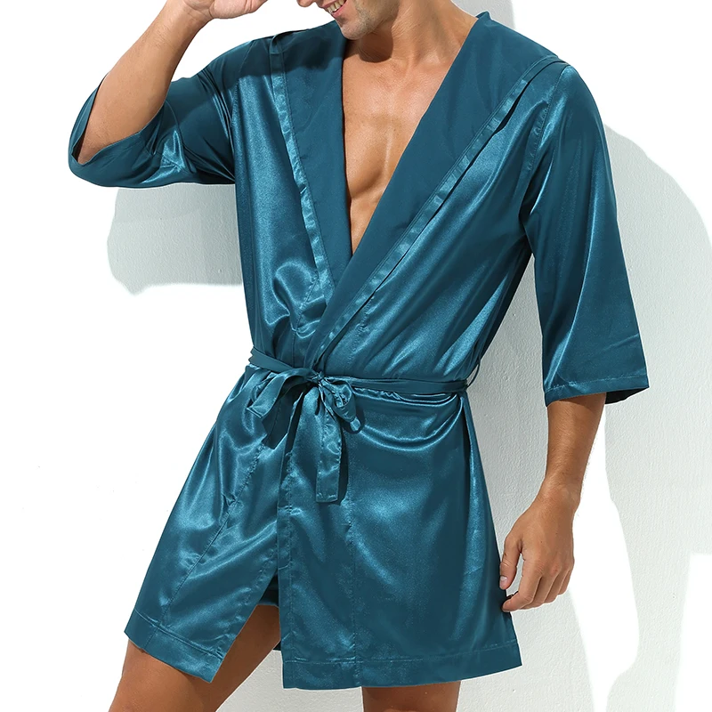 Hot Selling Men Summer Bathrobe Male Silk Short Sleeve Bath Robe Sexy Mens Dressing Gown Bathrobes(No shorts) mens silk pajamas