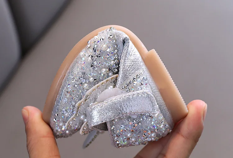 ULKNN Pink Glitter Shoes For Girls Silver Rhinestone Bowtie Doll Shoes For Children Elegant Kids Hook And Loop Leather Shoes