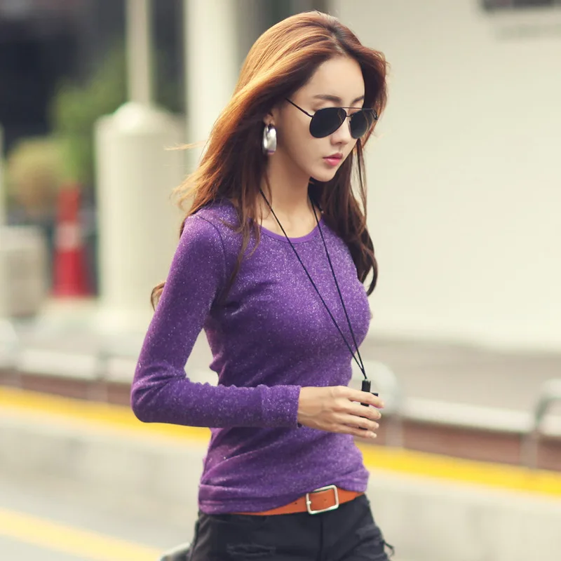 

2019 spring and autumn new bright silk slim fit round neck bottoming shirt women's long sleeve T-shirt women's leisure