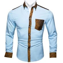 

Barry.Wang Blue Solid Gold Floral Splicing Shirt Man Long Sleeve Casual Soft Shirts For Men Designer Fit Dress Shirt BCY-0314