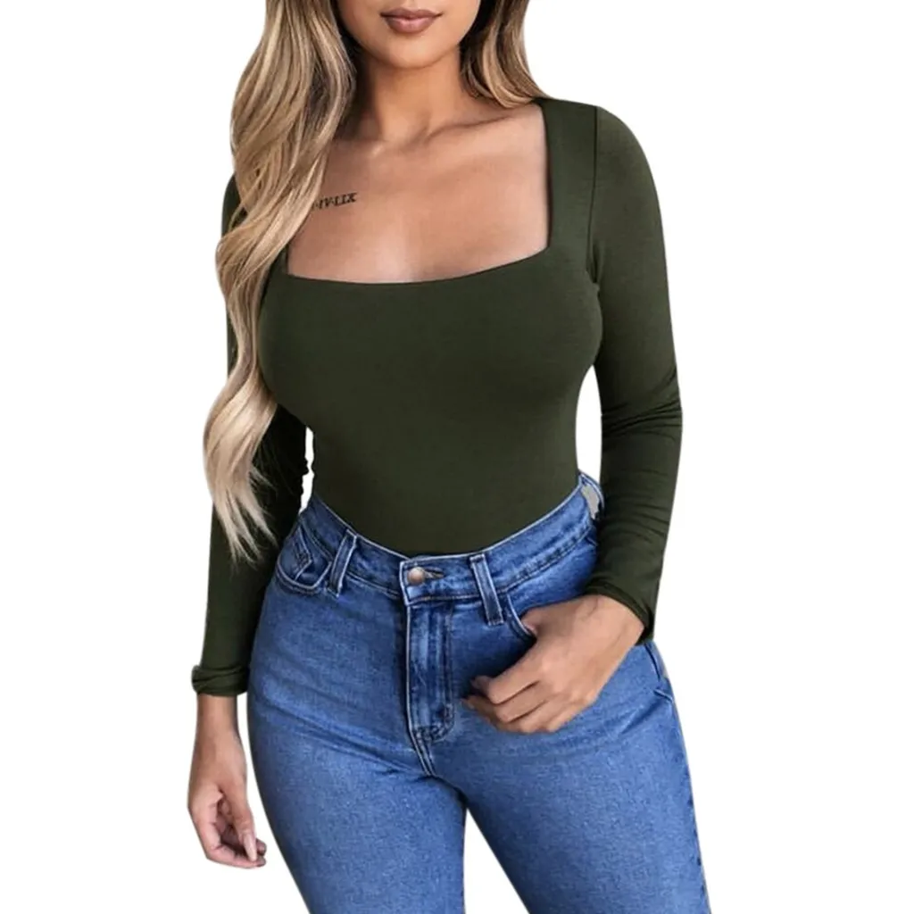 

20#Fashion T Shirt Women Long Sleeve T-shirt Solid Square-Neck tshirt Loose Top Plus Size Clothes camiseta verano mujer 2019