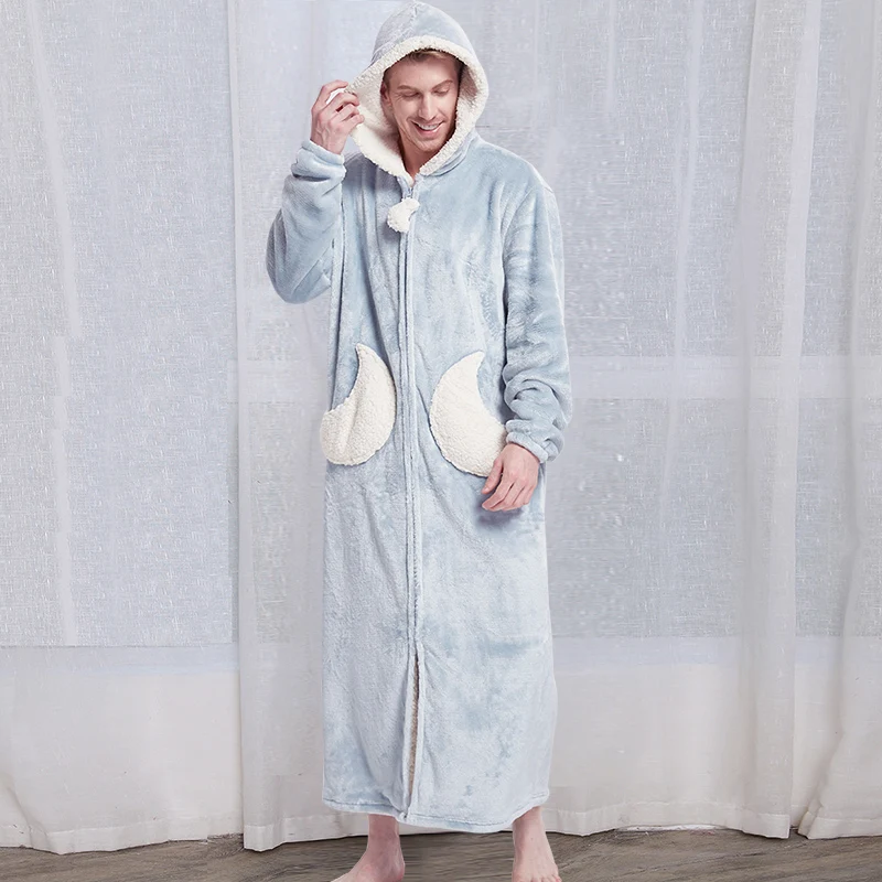 Women Winter Star Moon Plus Size Long Warm Flannel Bathrobe Pregnant Zipper Bath Robe Hooded Night Dressing Gown Men Sleepwear - Цвет: Men Blue Moon