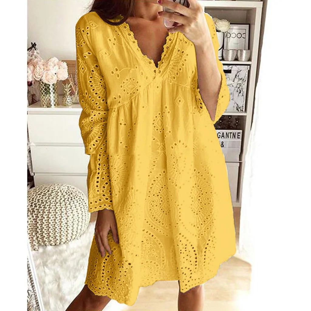 Элегантное выдалбливающее платье для женщин Boho, однотонное, v-образный вырез, длинные платья средней длины с длинным рукавом, Модный повседневный свободный сарафан, vestidos