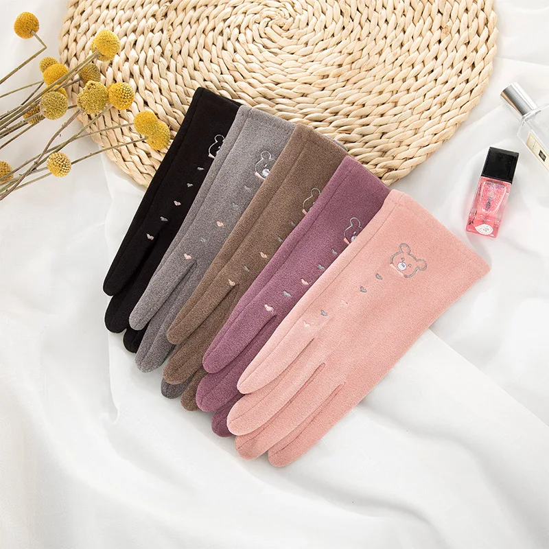 

Grace Glove Women Vintage Winter Embroidery Cute Touch Screen Full Finger Warm Windproof Driving Female Gloves Mittens G041
